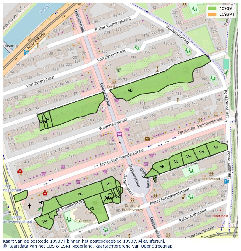 Afbeelding van het postcodegebied 1093 VT op de kaart.