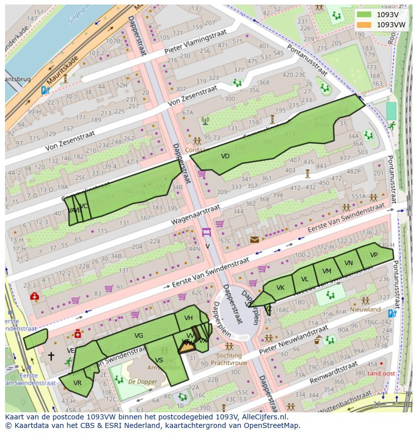 Afbeelding van het postcodegebied 1093 VW op de kaart.