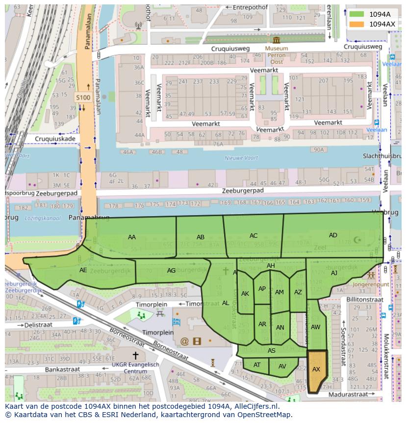 Afbeelding van het postcodegebied 1094 AX op de kaart.