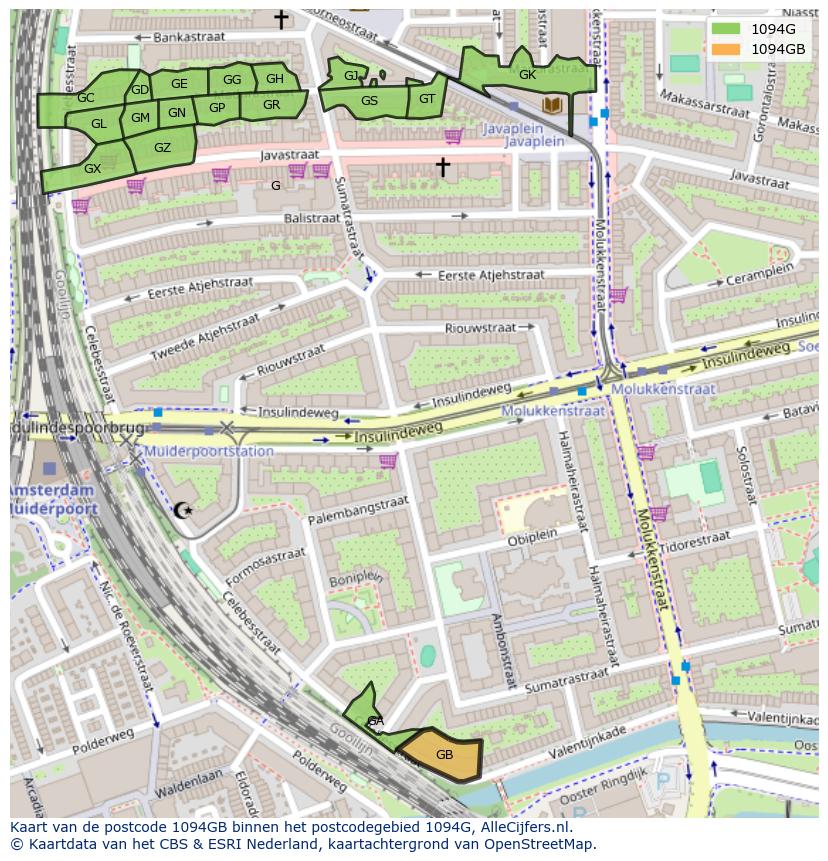 Afbeelding van het postcodegebied 1094 GB op de kaart.