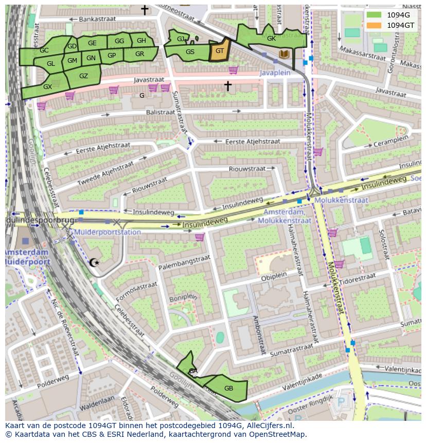 Afbeelding van het postcodegebied 1094 GT op de kaart.