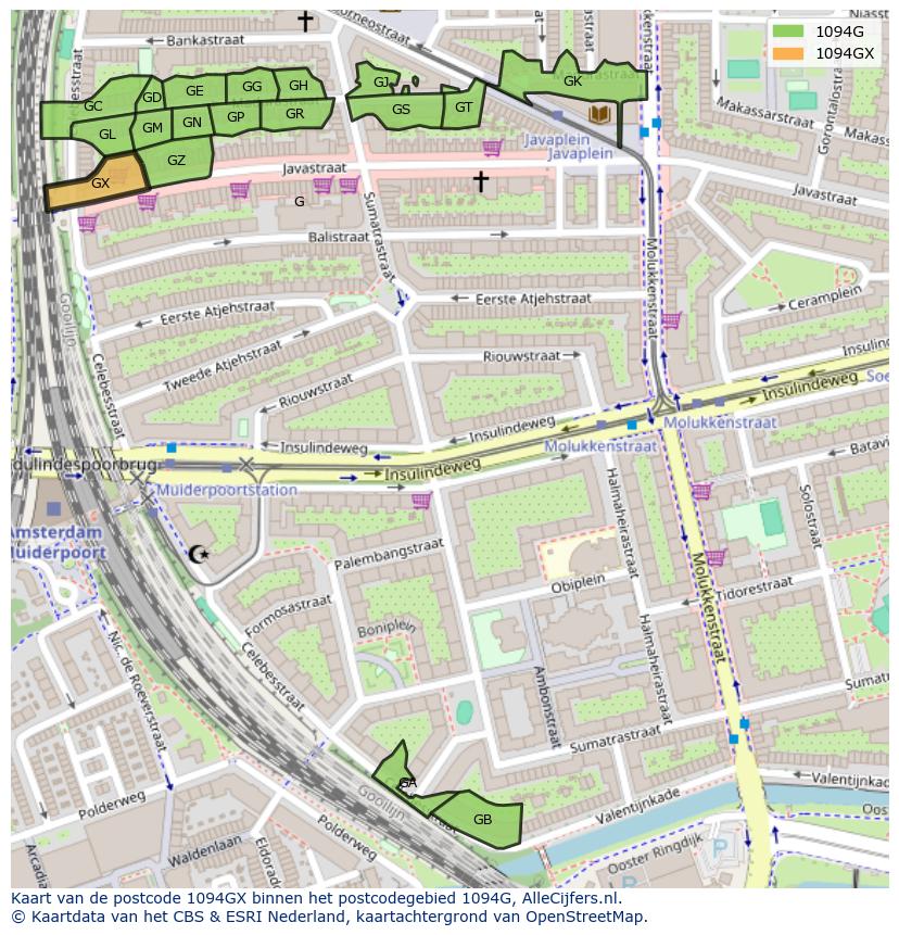 Afbeelding van het postcodegebied 1094 GX op de kaart.