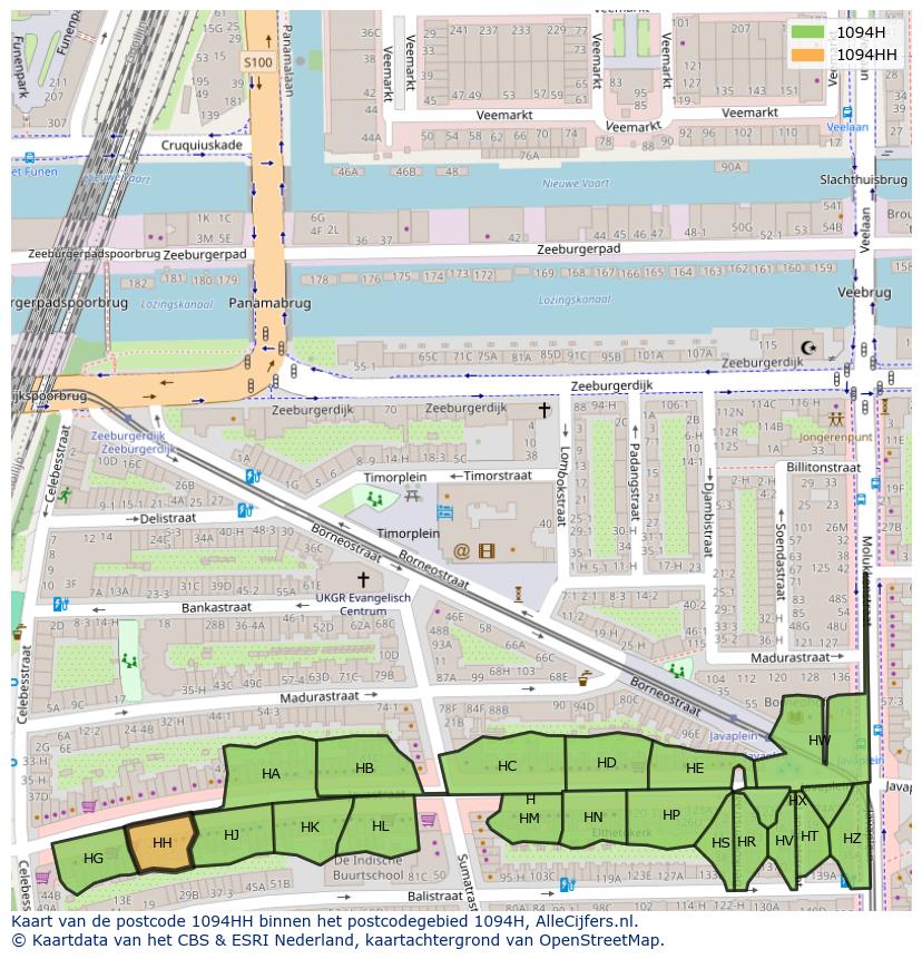 Afbeelding van het postcodegebied 1094 HH op de kaart.