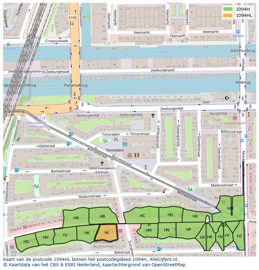 Afbeelding van het postcodegebied 1094 HL op de kaart.
