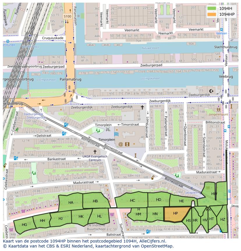 Afbeelding van het postcodegebied 1094 HP op de kaart.
