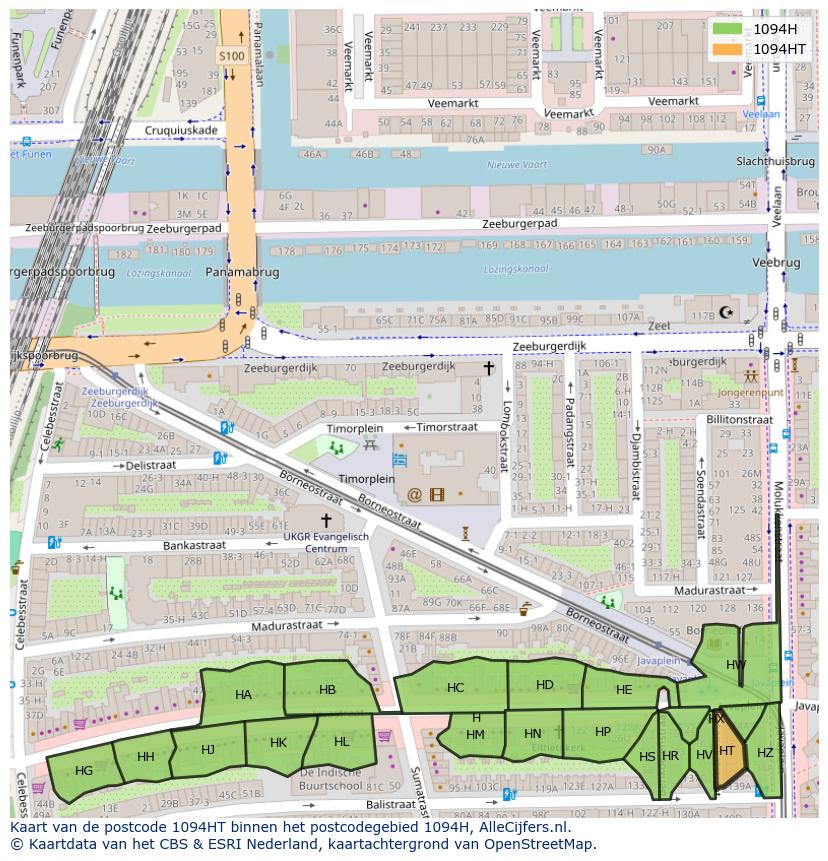 Afbeelding van het postcodegebied 1094 HT op de kaart.