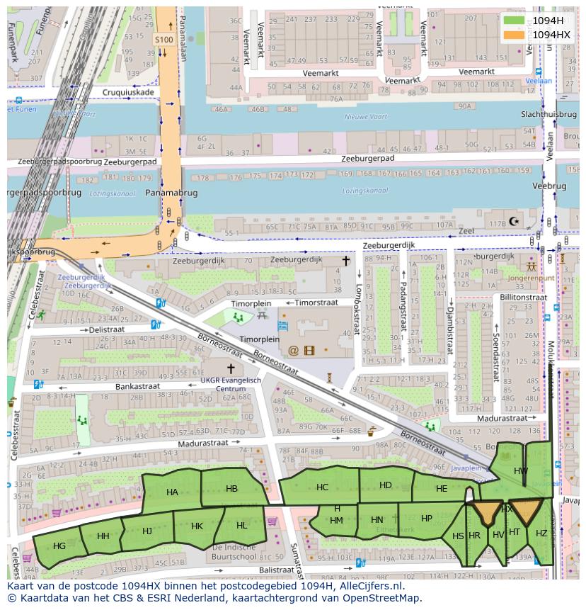 Afbeelding van het postcodegebied 1094 HX op de kaart.