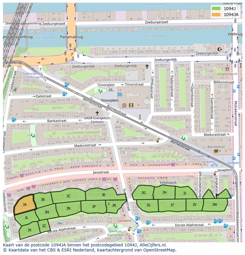 Afbeelding van het postcodegebied 1094 JA op de kaart.