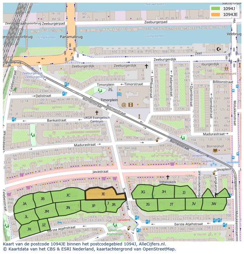 Afbeelding van het postcodegebied 1094 JE op de kaart.