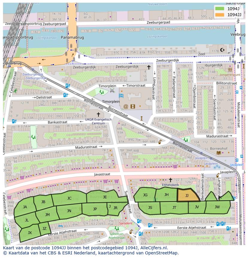 Afbeelding van het postcodegebied 1094 JJ op de kaart.
