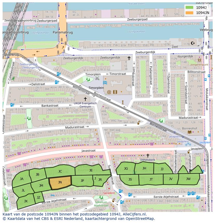 Afbeelding van het postcodegebied 1094 JN op de kaart.
