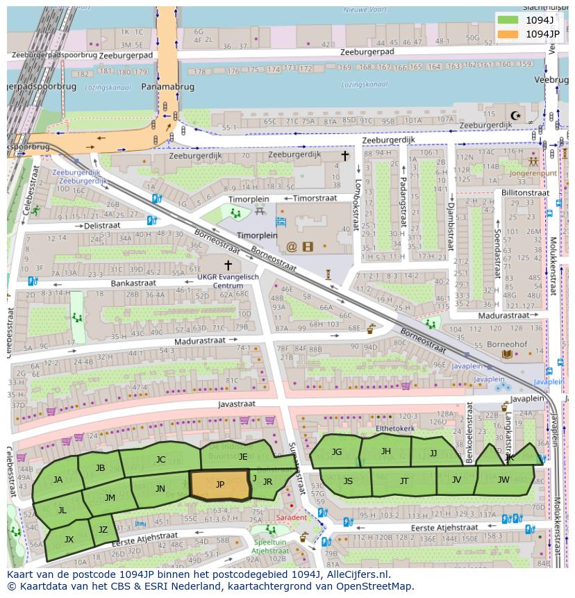 Afbeelding van het postcodegebied 1094 JP op de kaart.