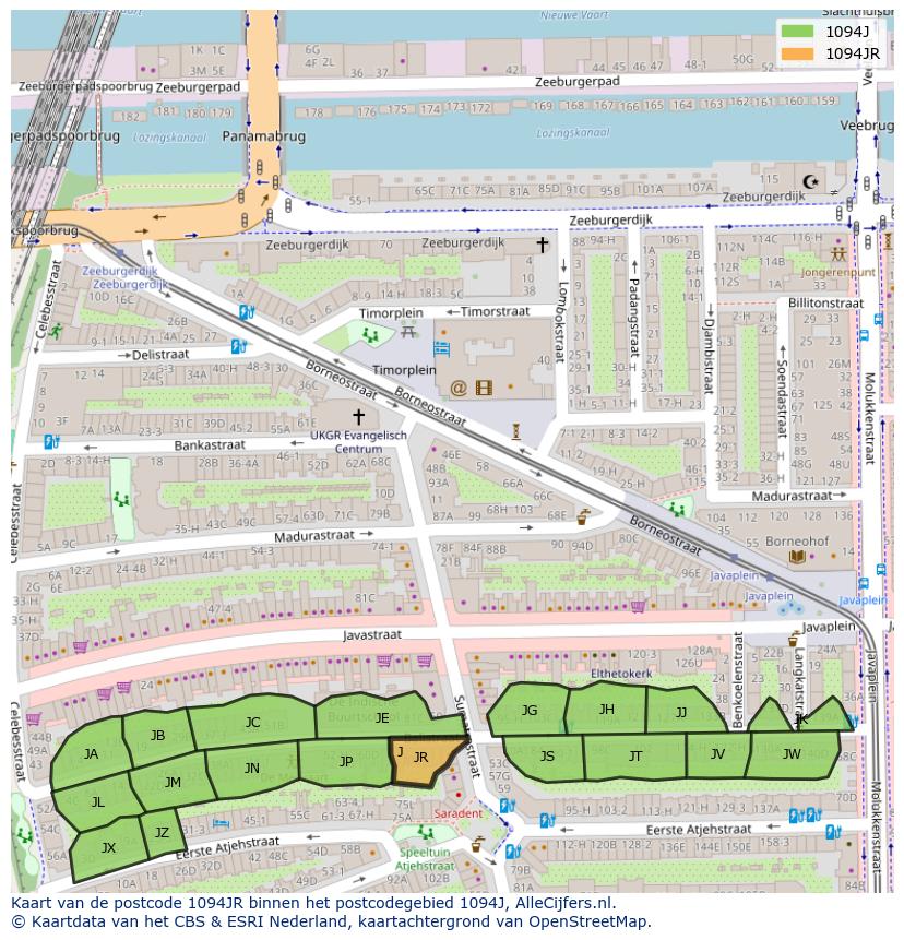 Afbeelding van het postcodegebied 1094 JR op de kaart.
