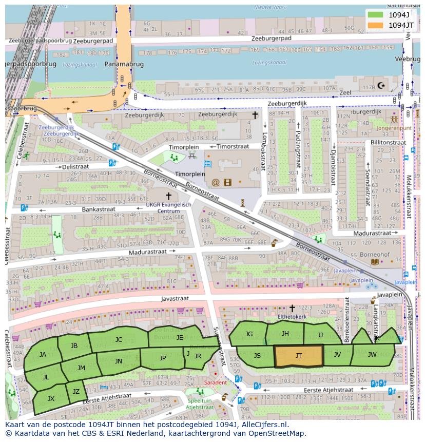 Afbeelding van het postcodegebied 1094 JT op de kaart.