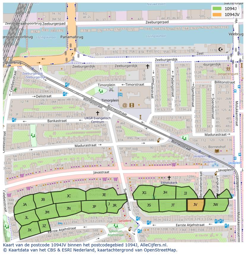 Afbeelding van het postcodegebied 1094 JV op de kaart.