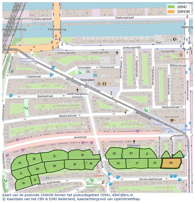 Afbeelding van het postcodegebied 1094 JW op de kaart.