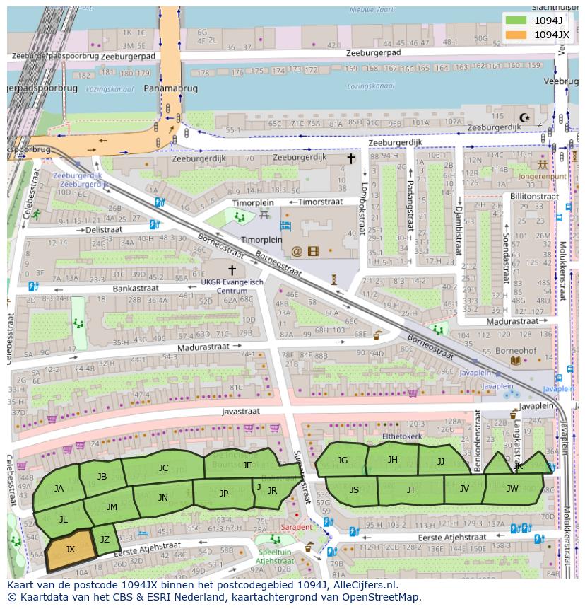 Afbeelding van het postcodegebied 1094 JX op de kaart.