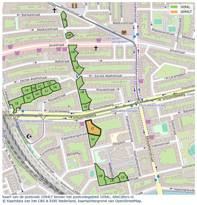 Afbeelding van het postcodegebied 1094 LT op de kaart.