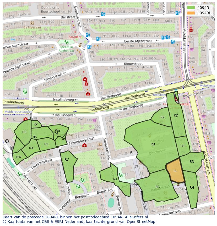 Afbeelding van het postcodegebied 1094 RL op de kaart.