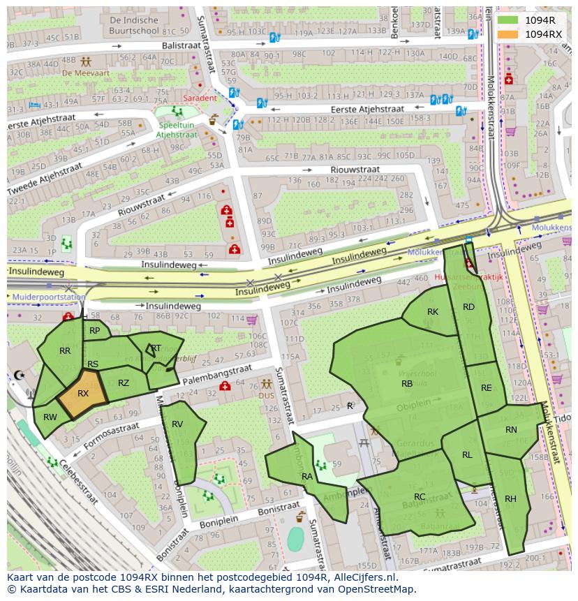 Afbeelding van het postcodegebied 1094 RX op de kaart.