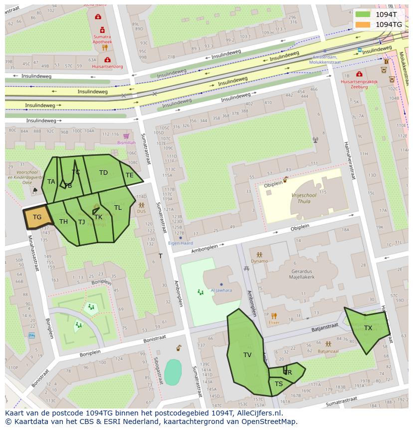 Afbeelding van het postcodegebied 1094 TG op de kaart.