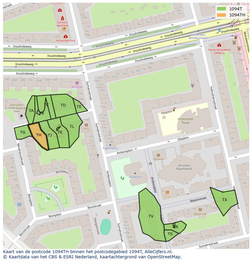 Afbeelding van het postcodegebied 1094 TH op de kaart.