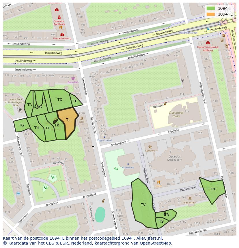 Afbeelding van het postcodegebied 1094 TL op de kaart.