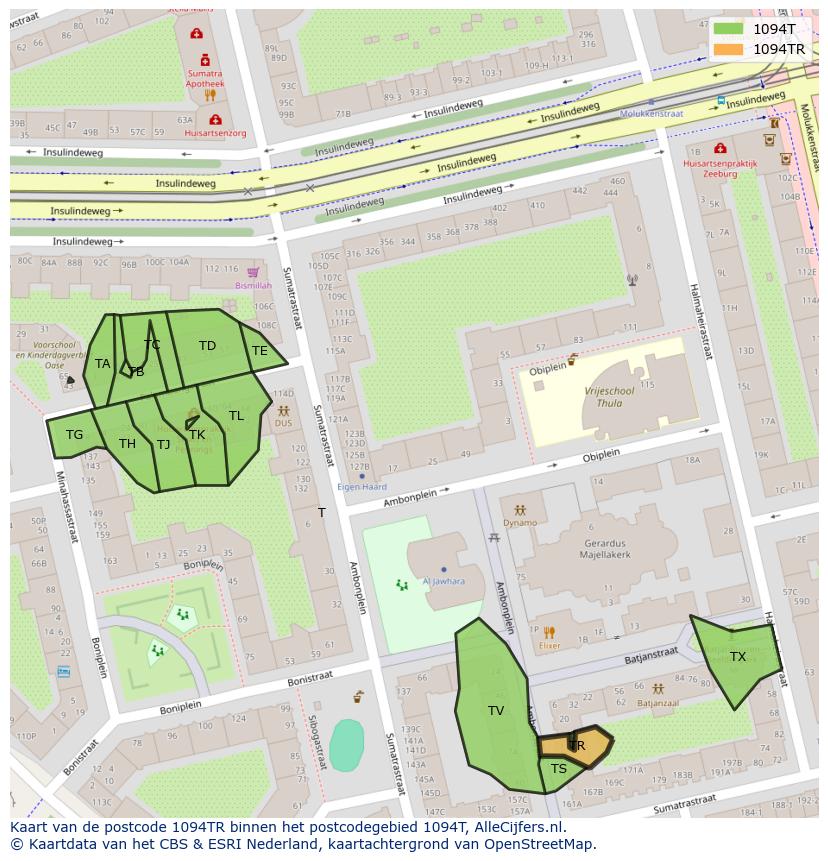 Afbeelding van het postcodegebied 1094 TR op de kaart.