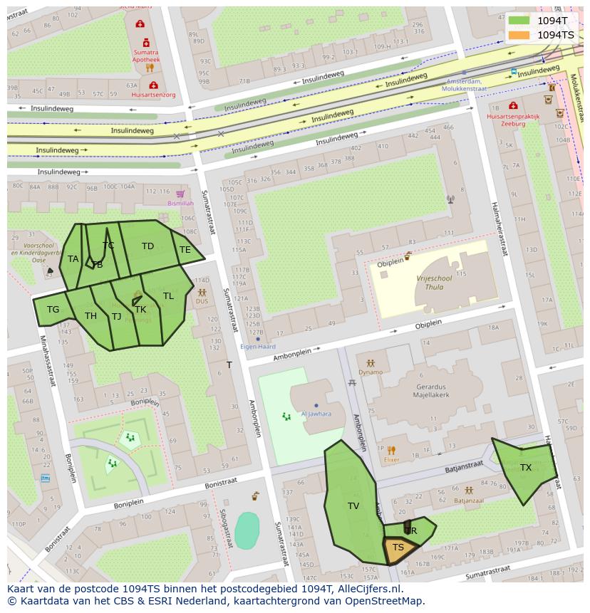 Afbeelding van het postcodegebied 1094 TS op de kaart.