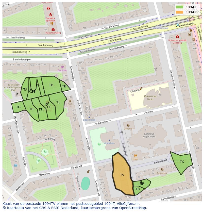 Afbeelding van het postcodegebied 1094 TV op de kaart.