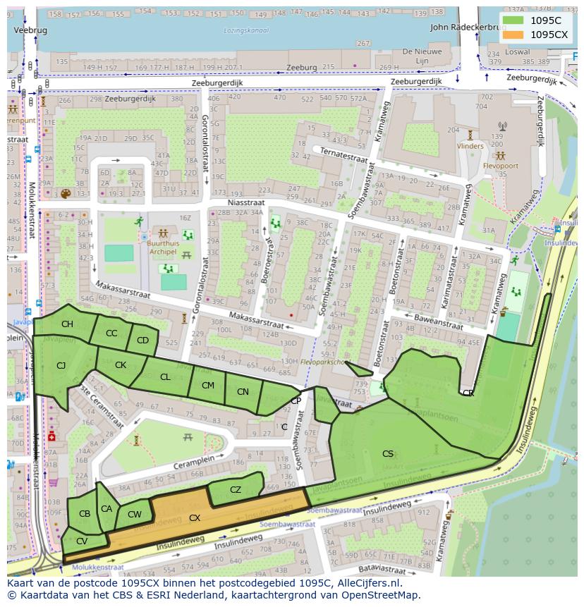 Afbeelding van het postcodegebied 1095 CX op de kaart.