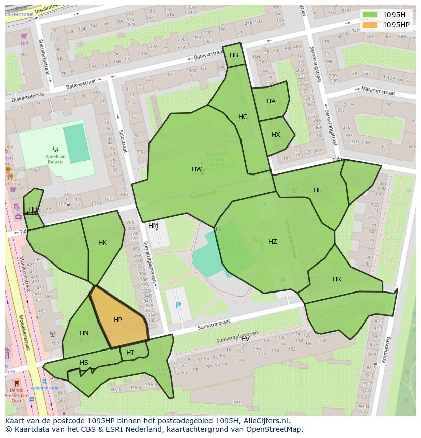 Afbeelding van het postcodegebied 1095 HP op de kaart.