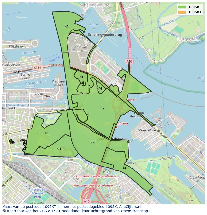 Afbeelding van het postcodegebied 1095 KT op de kaart.