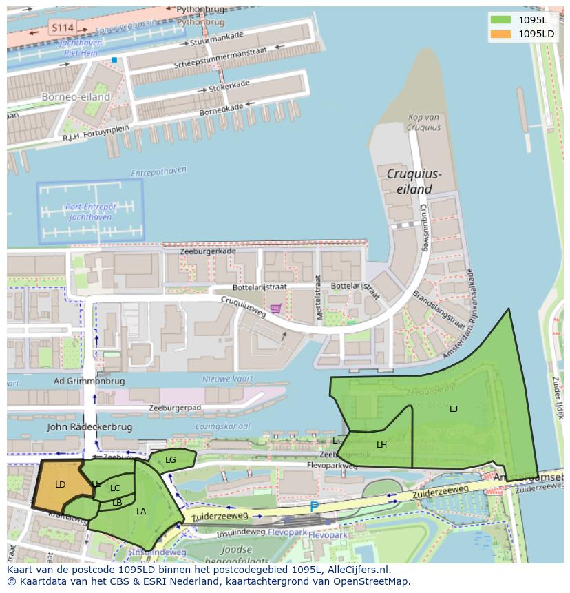 Afbeelding van het postcodegebied 1095 LD op de kaart.