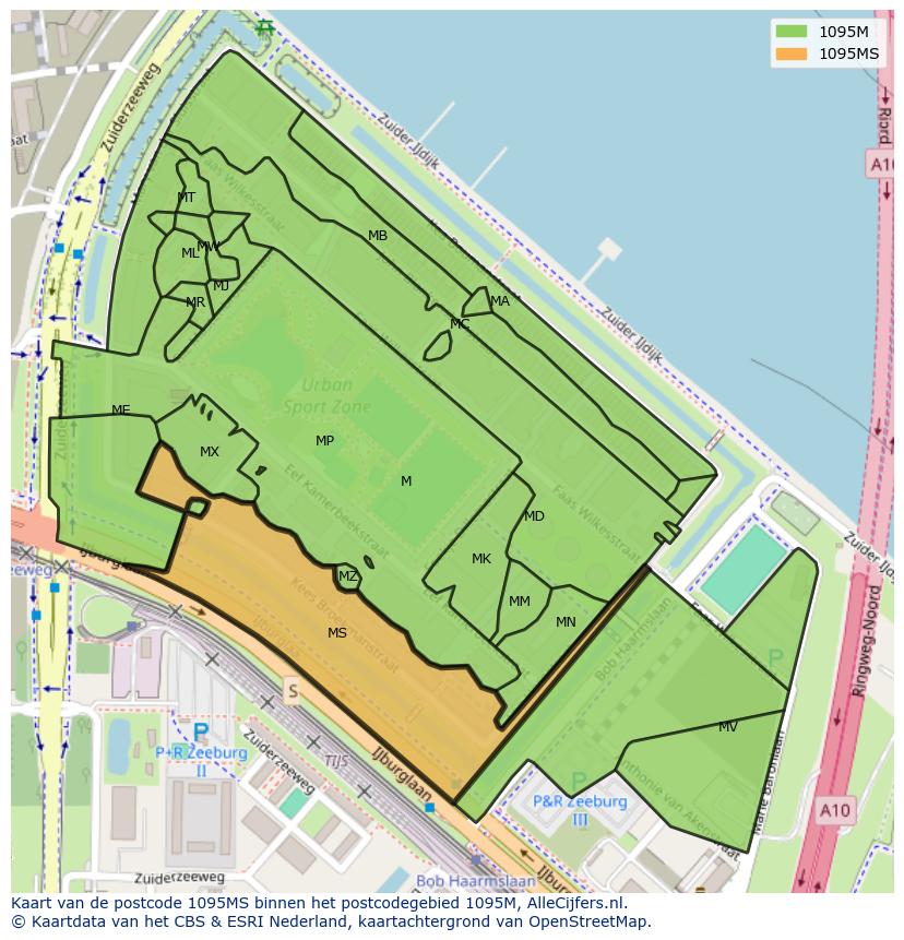 Afbeelding van het postcodegebied 1095 MS op de kaart.