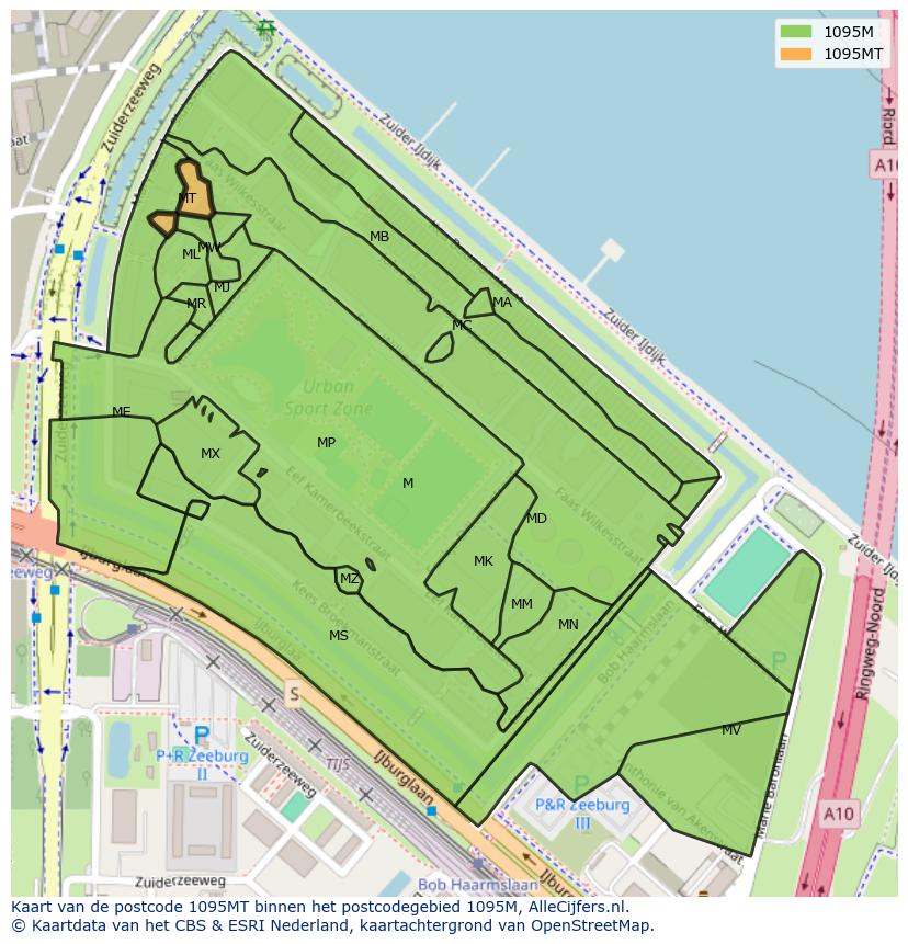 Afbeelding van het postcodegebied 1095 MT op de kaart.