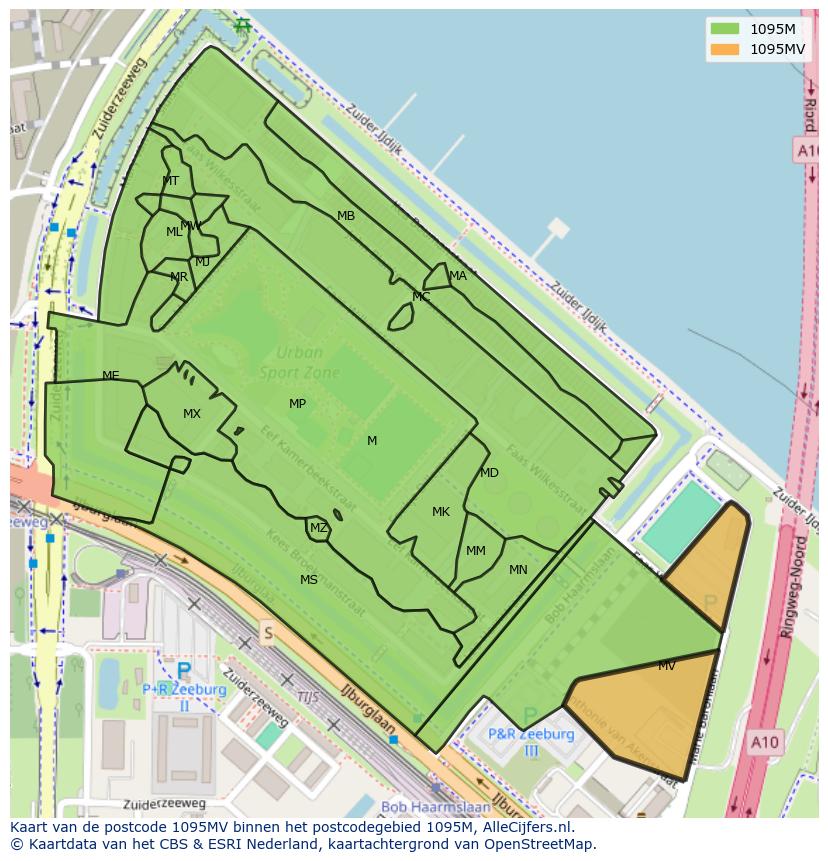 Afbeelding van het postcodegebied 1095 MV op de kaart.