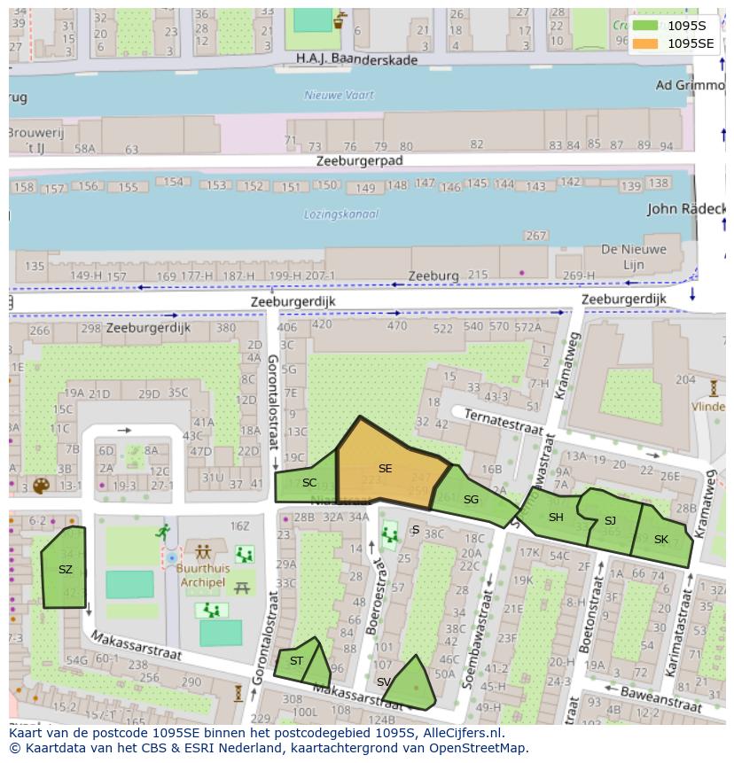 Afbeelding van het postcodegebied 1095 SE op de kaart.
