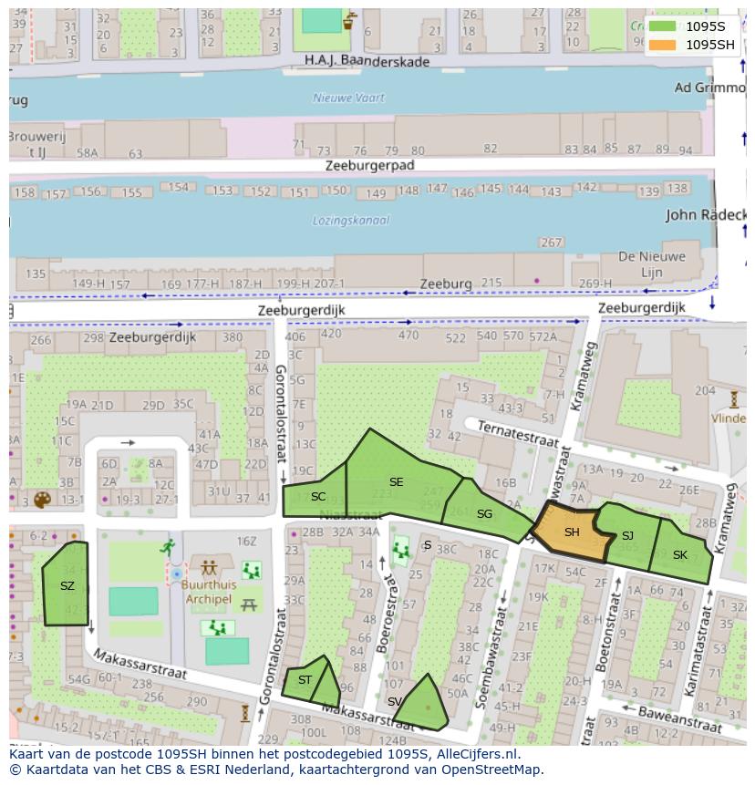 Afbeelding van het postcodegebied 1095 SH op de kaart.