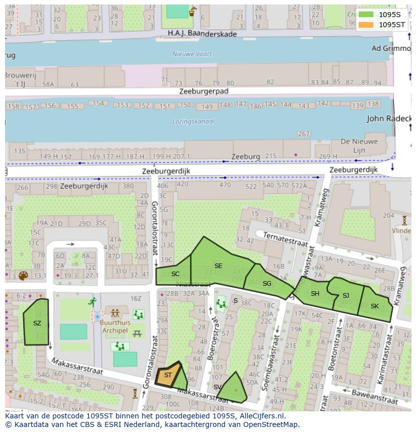 Afbeelding van het postcodegebied 1095 ST op de kaart.