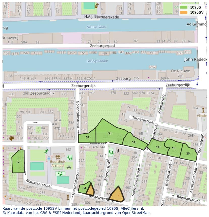 Afbeelding van het postcodegebied 1095 SV op de kaart.