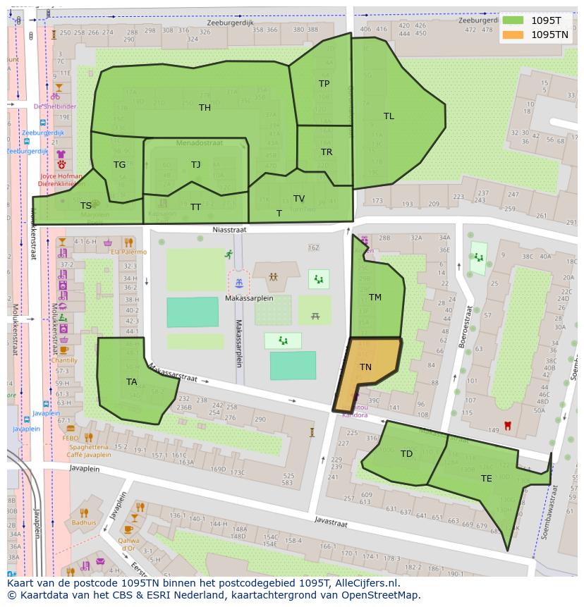 Afbeelding van het postcodegebied 1095 TN op de kaart.