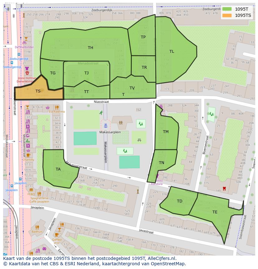Afbeelding van het postcodegebied 1095 TS op de kaart.