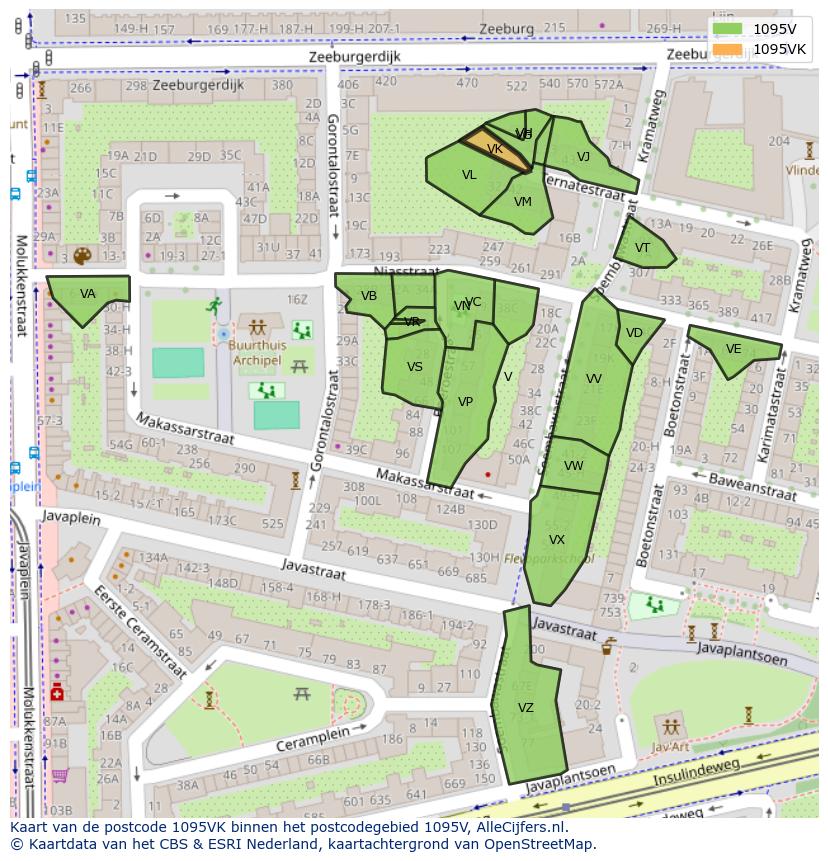 Afbeelding van het postcodegebied 1095 VK op de kaart.