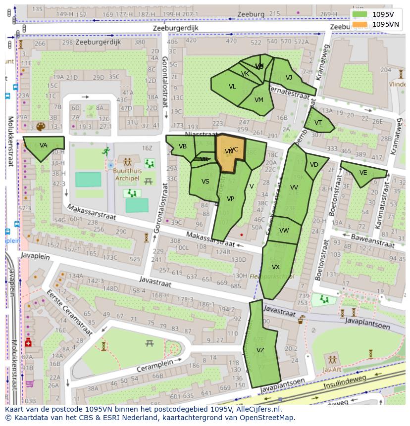 Afbeelding van het postcodegebied 1095 VN op de kaart.