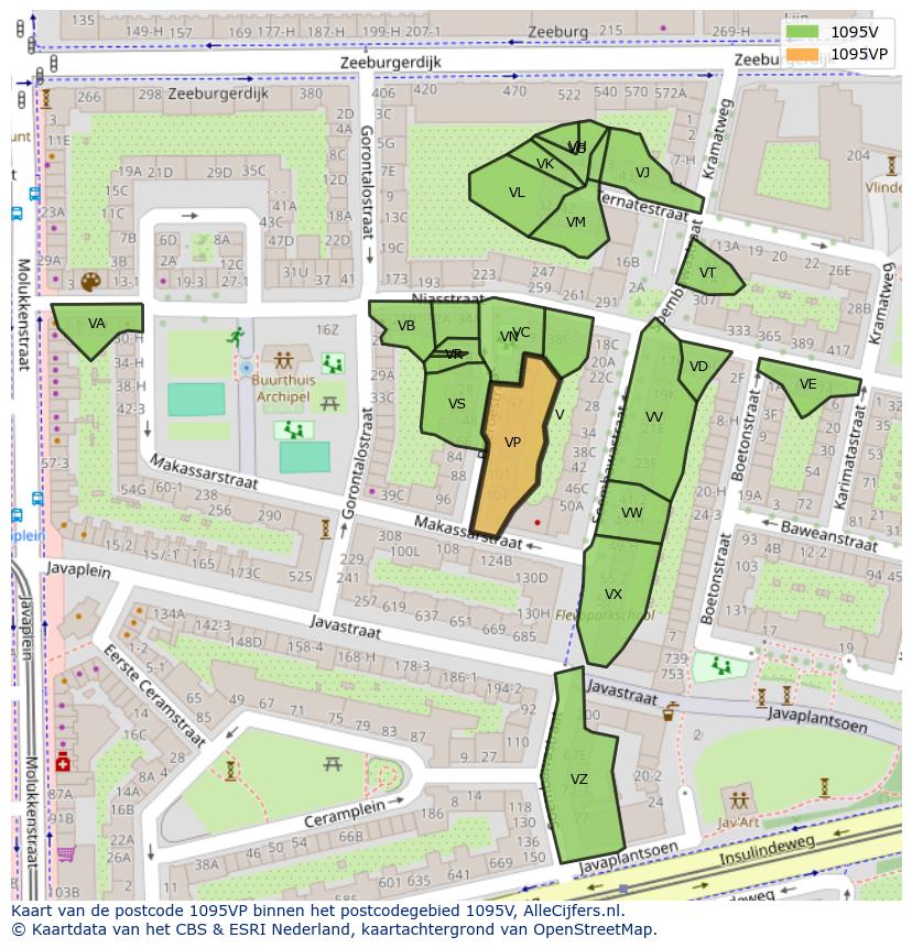Afbeelding van het postcodegebied 1095 VP op de kaart.