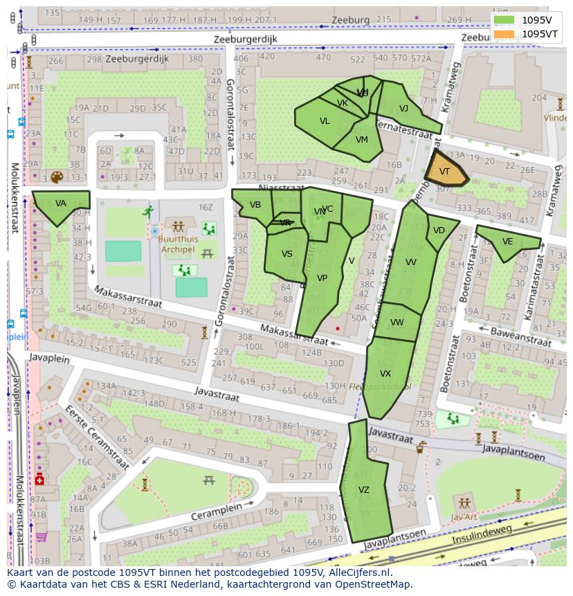 Afbeelding van het postcodegebied 1095 VT op de kaart.