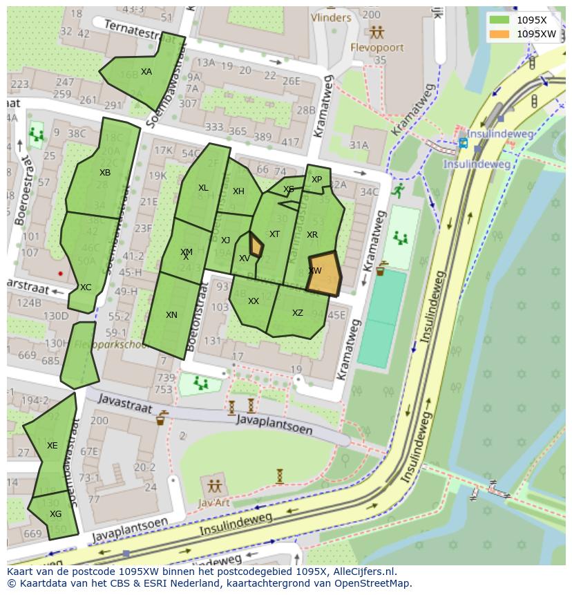 Afbeelding van het postcodegebied 1095 XW op de kaart.