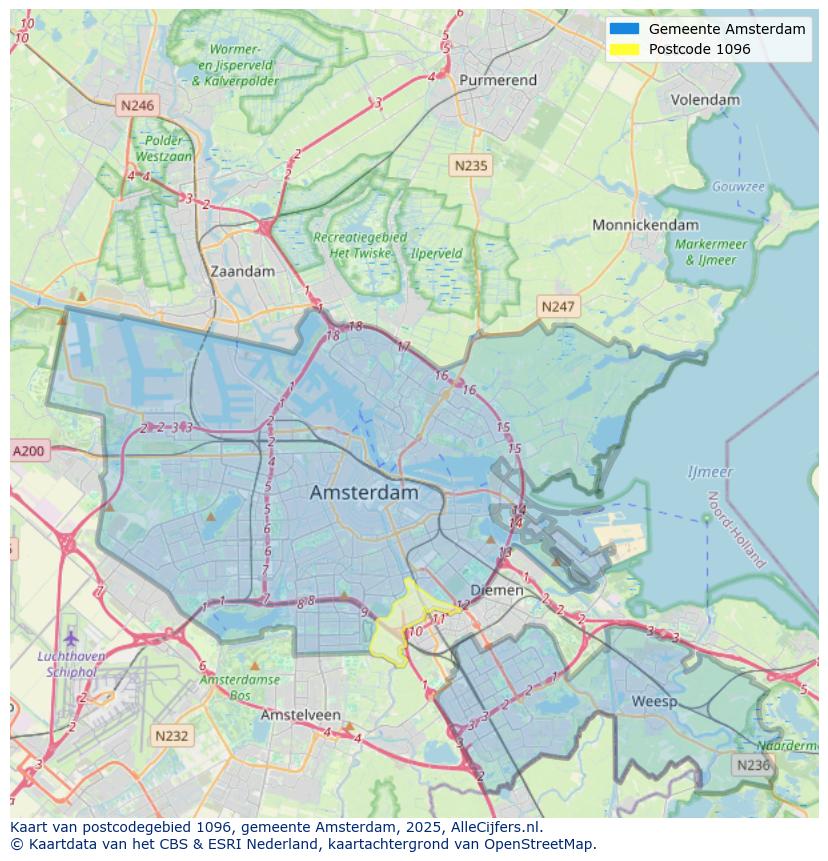 Afbeelding van het postcodegebied 1096 op de kaart.
