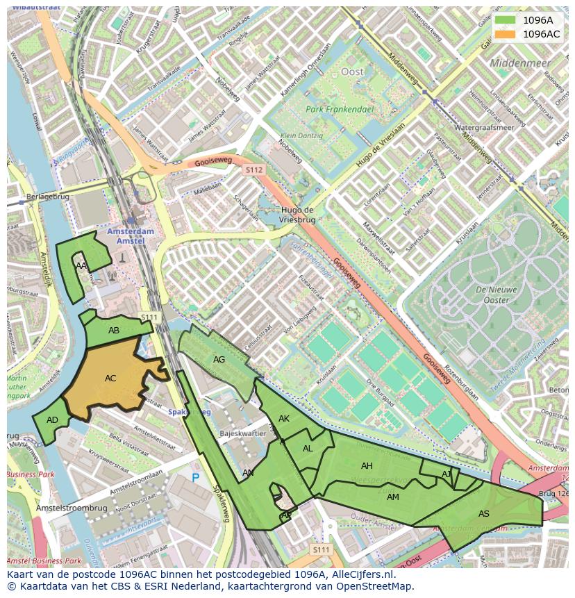 Afbeelding van het postcodegebied 1096 AC op de kaart.